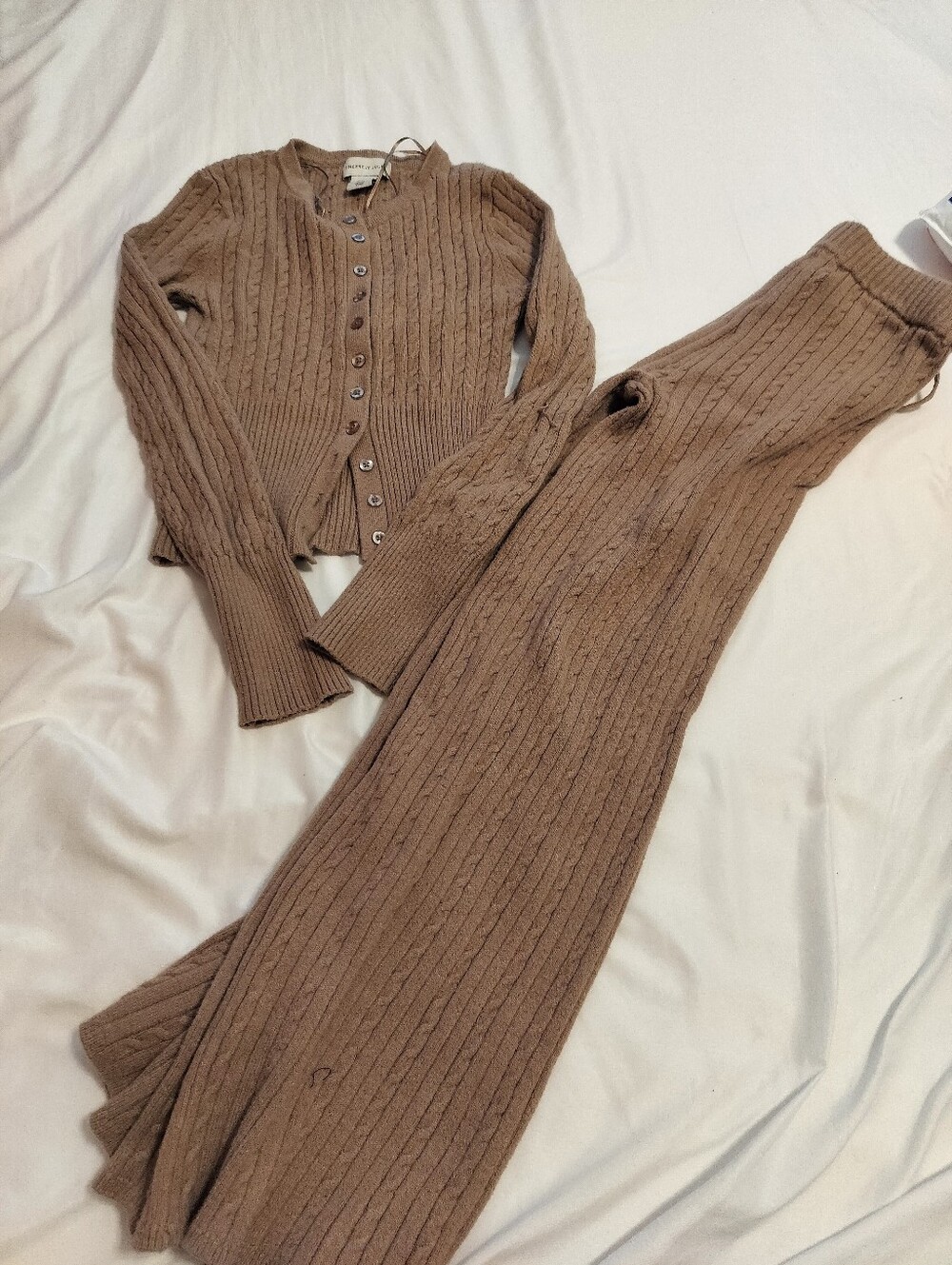 New Cable-Knit Button Cardigan & Wide-Leg Pants Set - Beige